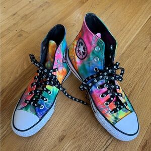 Converse Multicolor Tie-Dye High-Tops with Gray Peace Signs & Peace Sign Laces